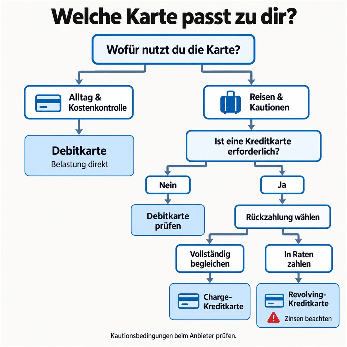 Entscheidungsbaum zur Kartenwahl nach Kostenkontrolle, Reisen, Kaution und gewünschter Abrechnung